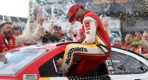 TALLADEGA, ALABAMA - OCTOBER 04: Bubba Wallace, driver of the #23 McDonald's Toyota, celebrates in the Ruoff Mortgage victory lane after winning the rain-shortened NASCAR Cup Series YellaWood 500 at Talladega Superspeedway on October 04, 2021 in Talladega, Alabama. (Photo by Chris Graythen/Getty Images) | Getty Images