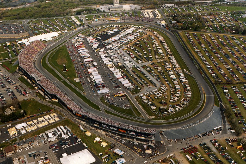 UNKNOWN: An aerial view of the Nazareth Speedway just before a race. Originally a dirt track, Roger Penske purchased the property in 1986 and had the facility paved and upgraded. Races were held on the pavement from 1987 through 2004, and included Indy Car, NASCAR Busch Grand National and Craftsman Truck Series, and USAC Silver Crown events. (Photo by ISC Images & Archives via Getty Images)