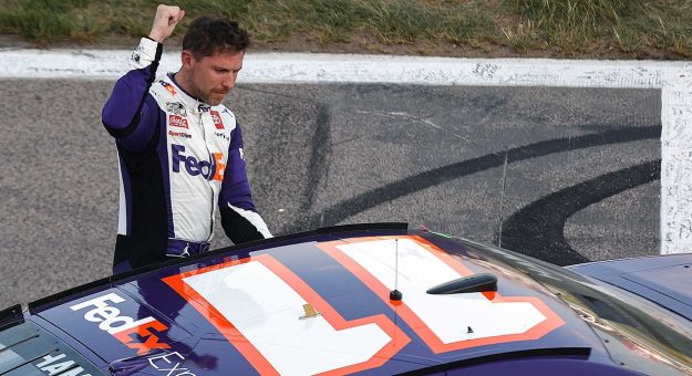 Visit Denny Hamlin bumps by Kyle Larson on last lap for Kansas win page