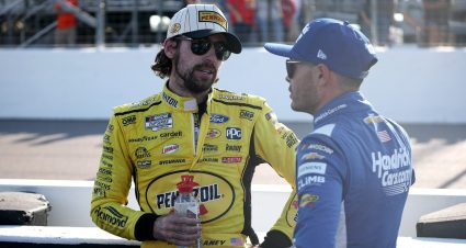 Ryan Blaney and Kyle Larson talk after a NASCAR Cup Series race at Gateway.