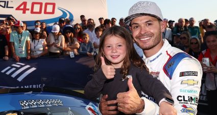 kyle larson and daughter audrey in victory lane at charlotte roval