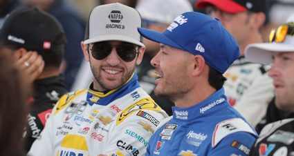 Chase Elliott talks with Kyle Larson