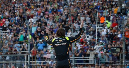 ryan blaney celebrates in front of the crowd