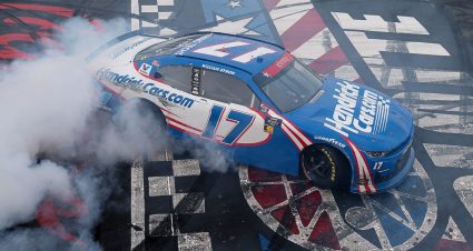 The No. 17 Hendrick Motorsports entry driven by William Byron crosses the start/finish line during a NASCAR Xfinity Series race at Charlotte Motor Speedway.