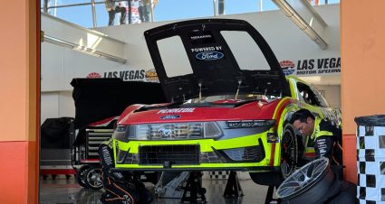 A view of Ryan Blaney's No. 12 Team Penske Ford with right-side damage at Las Vegas Motor Speedway.