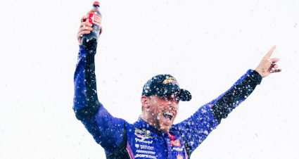 Denny Hamlin celebrates his Las Vegas win in Victory Lane.
