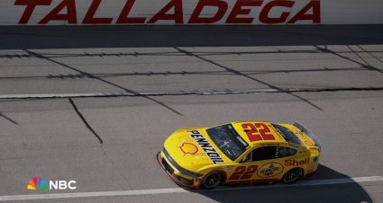 Joey Logano's No. 22 Team Penske Ford on the high banks at Talladega Superspeedway in 2025.