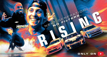 A graphic promoting RISING with images of Carson Hocevar, Jesse Love and Rajah Caruth