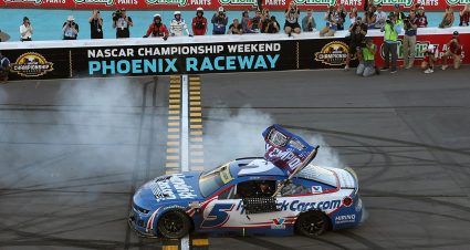 Kyle Larson, driver of the #5 HendrickCars.com Chevrolet, celebrates with a burnout after finish first of the NASCAR Cup Series Championship 4 drivers to win the NASCAR Cup Series Championship at Phoenix Raceway on November 02, 2025 in Avondale, Arizona.