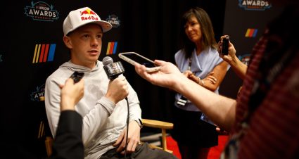 Connor Zilisch speaks to reporters ahead of the NASCAR Awards.