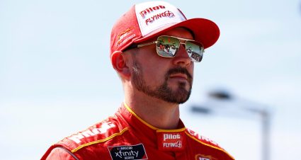 Michael Annett celebrates his 2019 Xfinity Series win at Daytona.