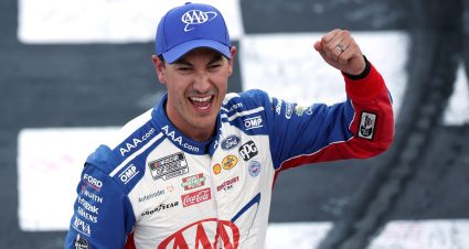 Joey Logano, driver of the No. 22 AAA Insurance Ford, celebrates after winning the NASCAR Cup Series Würth 400 at Texas Motor Speedway on May 4, 2025 in Fort Worth, Texas.