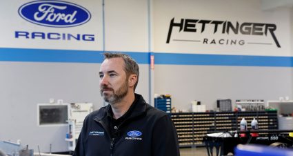 Ford car bodies are displayed at the Hettinger Racing shop