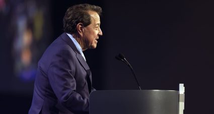 Harry Gant speaks after being inducted into the NASCAR Hall of Fame.