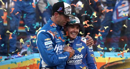 Kyle Larson and Cliff Daniels celebrate the 2025 NASCAR Cup Series championship.