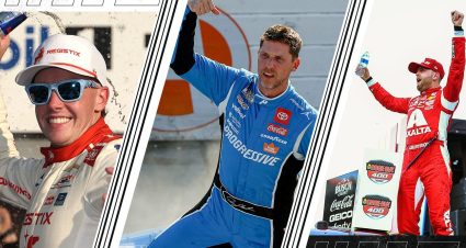 Side-by-side graphic of Connor Zilisch, Denny Hamlin and William Byron all celebrating wins from the 2025 season.