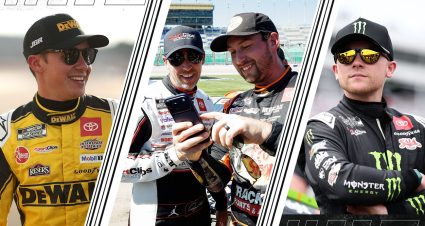 Joe Gibbs Racing drivers Christopher Bell, Denny Hamlin, Chase Briscoe and Ty Gibbs in a split image.