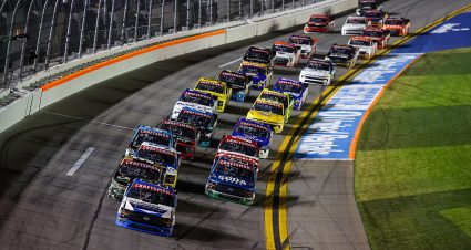 NASCAR Craftsman Truck Series trucks race at Daytona International Speedway.