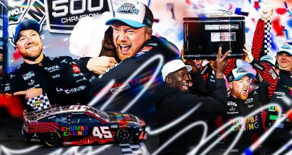Graphic with Tyler Reddick and Michael Jordan celebrating the 2026 Daytona 500 win.