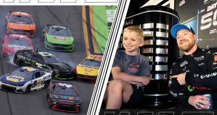 Split graphic of Tyler Reddick coming to the start/finish line of the 2026 Daytona 500 and Tyler and son Beau pointing to the Harley J. Earl Trophy.