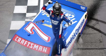 Kyle Busch celebrates with his son, Brexton, after winning in the Craftsman Truck Series at EchoPark Speedway