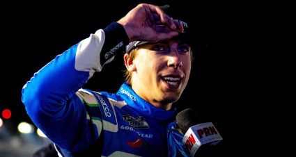 Carson Hocevar speaks after a NASCAR Cup Series race at EchoPark.