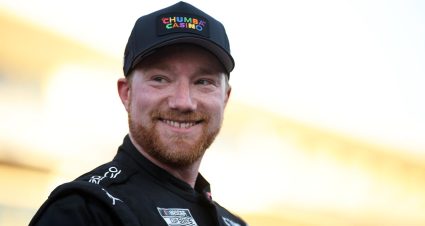 Tyler Reddick reacts to winning his third straight race in the 2026 season.