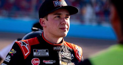 Ty Gibbs speaks to reporters after exiting his No. 54 Toyota at Phoenix Raceway