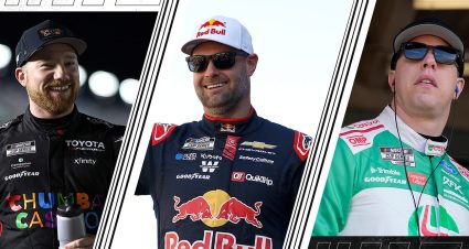A split image depicting Tyler Reddick (L), Shane van Gisbergen (C) and Brad Keselowski (R).