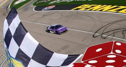 Denny Hamlin crosses the finish line first on March 15, 2026 at Las Vegas Motor Speedway.