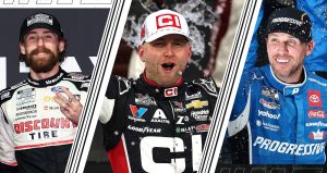 Split image of Ryan Blaney (L), William Byron (C) and Denny Hamlin (R) at Martinsville Speedway.