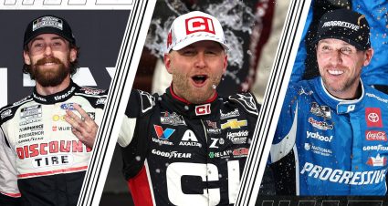 Split image of Ryan Blaney (L), William Byron (C) and Denny Hamlin (R) at Martinsville Speedway.