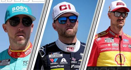 Denny Hamlin, William Byron and Joey Logano split image.