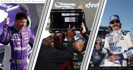 Split graphic of Denny Hamlin, Tyler Reddick and Michael Jordan and Ryan Blaney