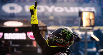 Ty Gibbs points to the sky after winning a NASCAR Cup Series race at Bristol.