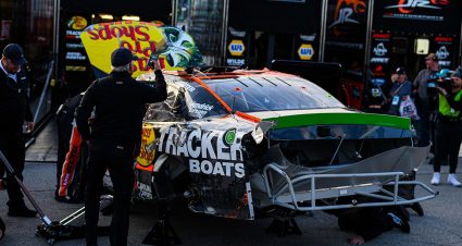 carson kvapil's car after a rollover crash in the o'reilly series race at kansas
