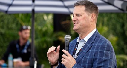 Steve O'Donnell speaks at a NASCAR event.