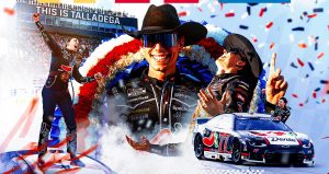 Carson Hocevar basks in his first Cup Series win after a burnout at Talladega Superspeedway