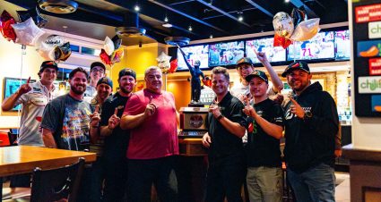 Carson Hocevar speaks at Chili's during win celebration.