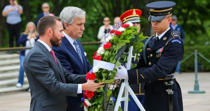 Ross Chastain and Charlotte Motor Speedway's Greg Walter lay a wreath at the Tomb of the Unknown Soldier at Arlington National Cemetery.