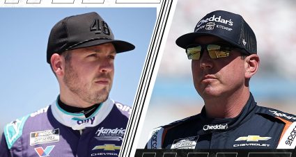 Alex Bowman and Kyle Busch facing each other in a split-screen graphic.
