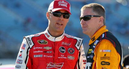 Jeff Burton, right, accepts congratulations from Kevin Harvick at Charlotte Motor Speedway in 2008