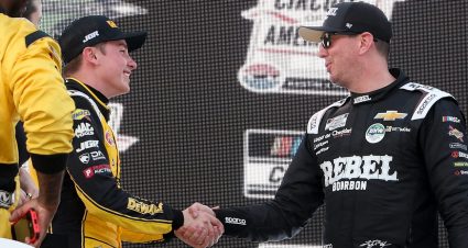 Kyle Busch, driver of the #8 Rebel Bourbon Chevrolet, (R) congratulates Christopher Bell, driver of the #20 DEWALT Toyota, in victory lane after Bell won the NASCAR Cup Series EchoPark Automotive Grand Prix at Circuit of The Americas on March 02, 2025 in Austin, Texas.
