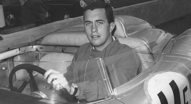 Roger Penske celebrates his only major stock-car win as he drove a Pontiac to victory in the NASCAR Pacific Coast Series race at Riverside International Raceway in 1963.