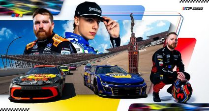 NASCAR tune-in graphic for Michigan featuring Chris Buescher, Carson Hocevar and Tyler Reddick.