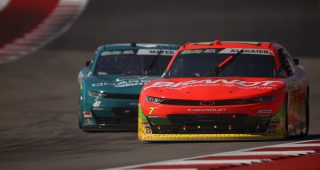 Justin Allgaier, driver of the #7 BRANDT Chevrolet, and Sam Mayer, driver of the #41 Charbroil Chevrolet, race during the NASCAR O'Reilly Auto Parts Series Focused Health 250 at Circuit of The Americas on February 28, 2026 in Austin, Texas. (Photo by