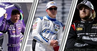 Split-screen graphic of Denny Hamlin celebrating at Las Vegas, Zane Smith sitting on the pit walll at Martinsville and Ty Dillon with arms folded across his chest at Daytona.