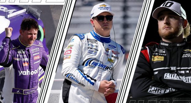 Split-screen graphic of Denny Hamlin celebrating at Las Vegas, Zane Smith sitting on the pit walll at Martinsville and Ty Dillon with arms folded across his chest at Daytona.