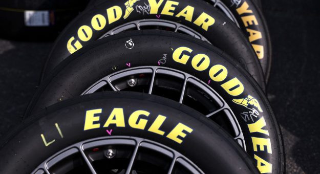 Goodyear Racing tires before a NASCAR race on March 21, 2026, at Darlington Raceway.