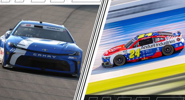 Denny Hamlin and William Byron drive at Chicagoland Speedway.